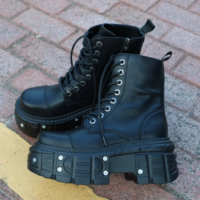Gothic Motorcycle Boots Fashion Large Size Thick Heel Knight Boots Platform Metal Decoration Ankle Boots Punk High Top Shoes Ins