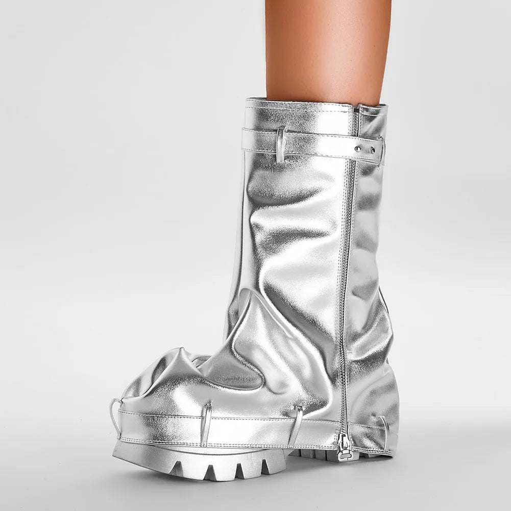 Women's Fold Over Boots Slouchy Boots Wide Calf Pleated Platform Glitter Metallic Silver Chunky Heel Stacked Pull On Mid Calf Bo