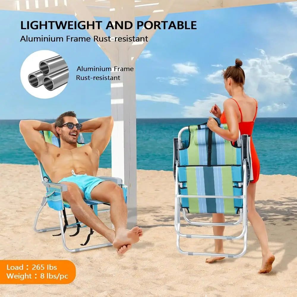 Tall Beach Chair 2 Pack Lightweight, Backpack Beach Chair or Adults with 5-Position, Cooler Bag, Cup Holders, Towel Bar, Lightwe