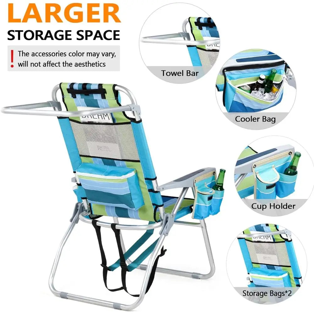 Tall Beach Chair 2 Pack Lightweight, Backpack Beach Chair or Adults with 5-Position, Cooler Bag, Cup Holders, Towel Bar, Lightwe