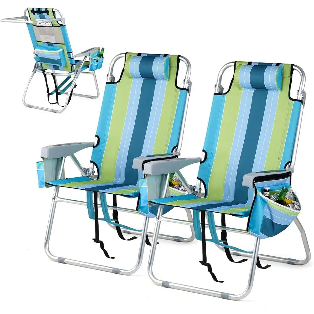 Tall Beach Chair 2 Pack Lightweight, Backpack Beach Chair or Adults with 5-Position, Cooler Bag, Cup Holders, Towel Bar, Lightwe