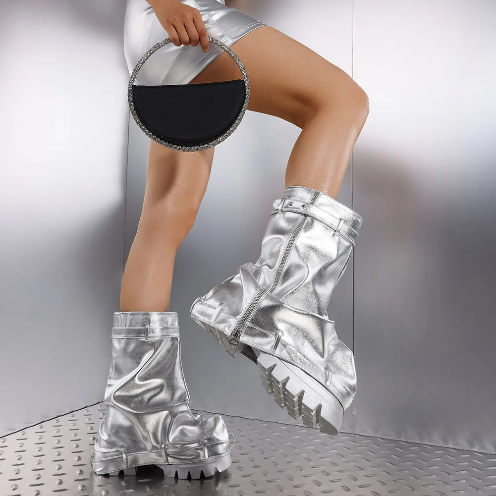 Women's Fold Over Boots Slouchy Boots Wide Calf Pleated Platform Glitter Metallic Silver Chunky Heel Stacked Pull On Mid Calf Bo