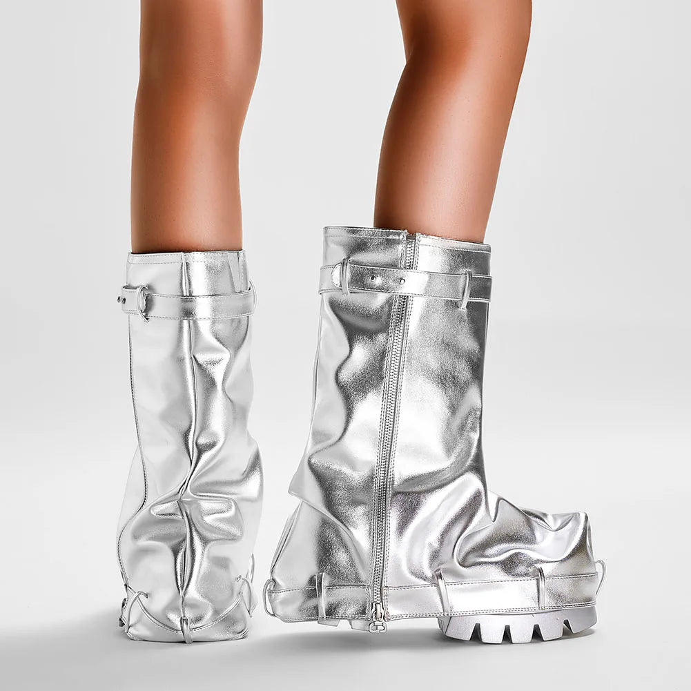 Women's Fold Over Boots Slouchy Boots Wide Calf Pleated Platform Glitter Metallic Silver Chunky Heel Stacked Pull On Mid Calf Bo