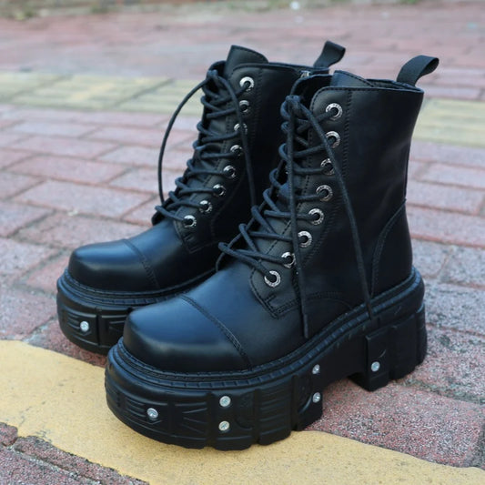 Gothic Motorcycle Boots Fashion Large Size Thick Heel Knight Boots Platform Metal Decoration Ankle Boots Punk High Top Shoes Ins