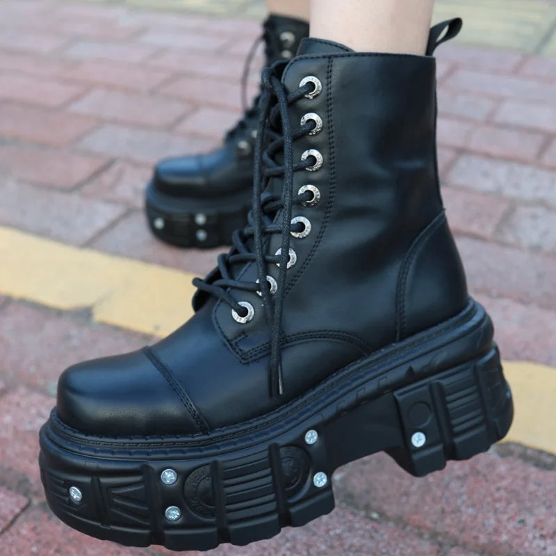 Gothic Motorcycle Boots Fashion Large Size Thick Heel Knight Boots Platform Metal Decoration Ankle Boots Punk High Top Shoes Ins