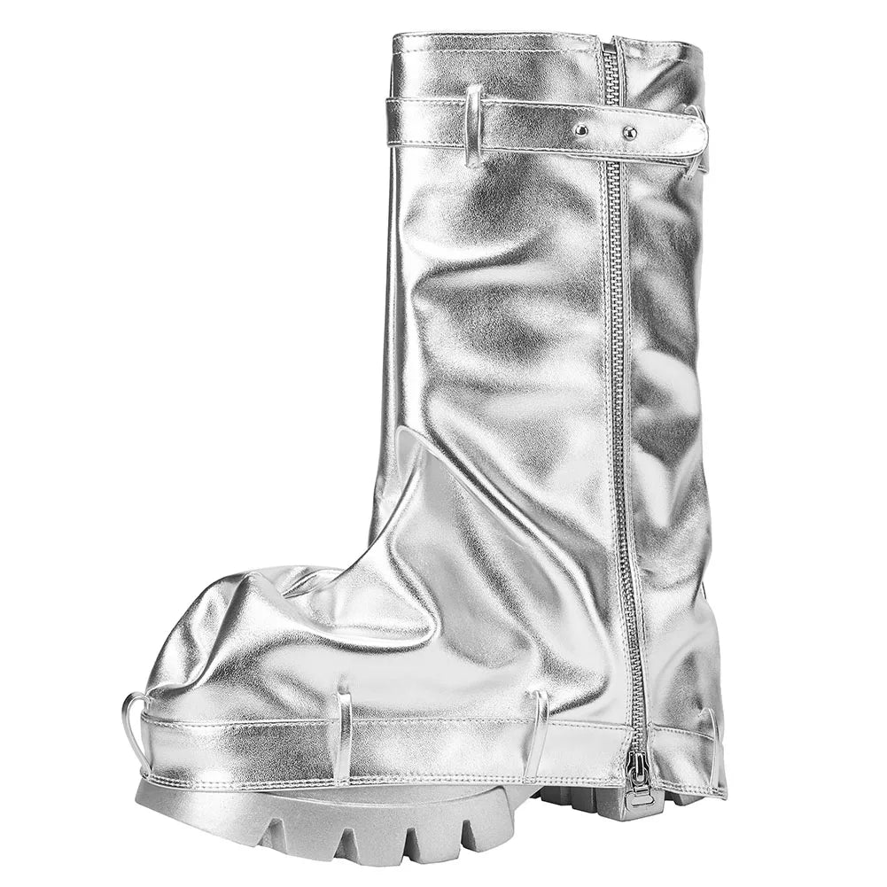 Women's Fold Over Boots Slouchy Boots Wide Calf Pleated Platform Glitter Metallic Silver Chunky Heel Stacked Pull On Mid Calf Bo