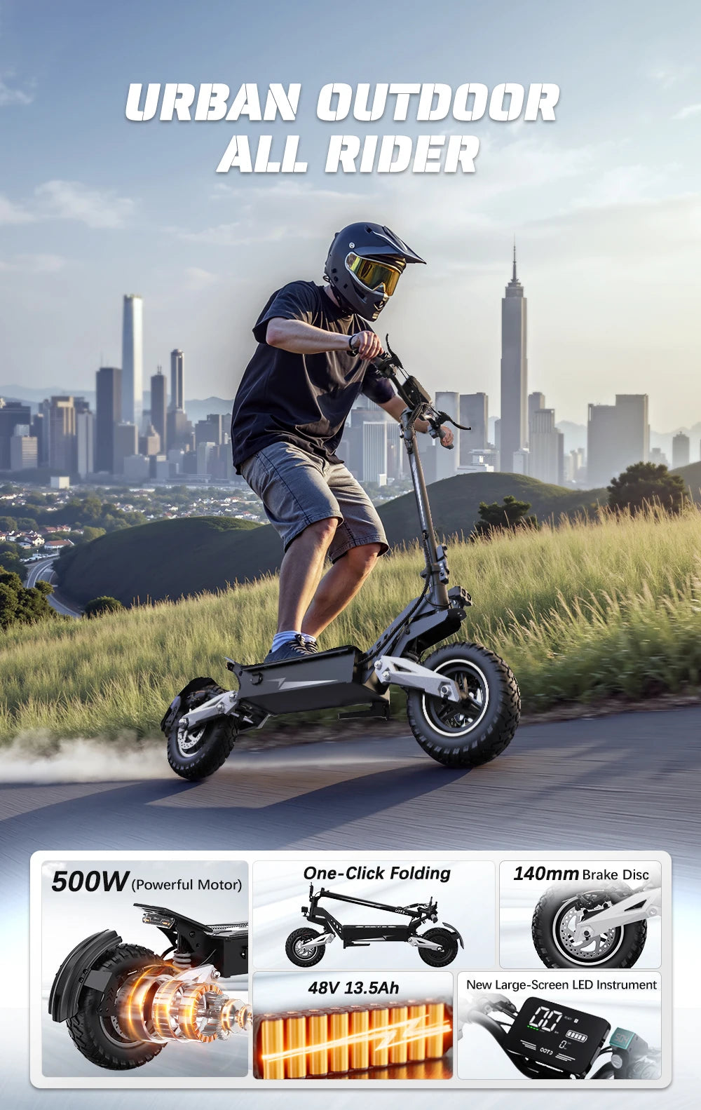 OOTD T10 Adult Foldable Electric Scooter, Max 900W Motor & 18Ah Battery, 45-60km Range, 11 Inch All-Terrain